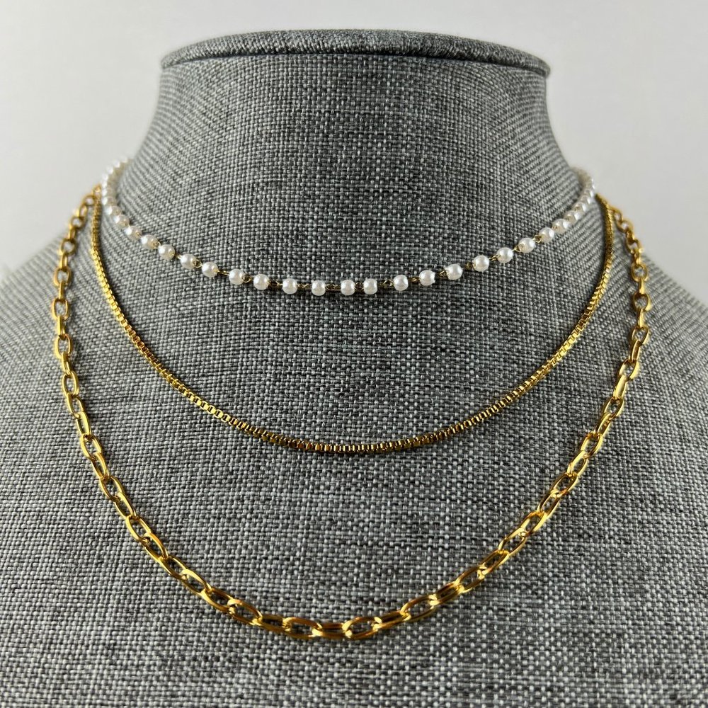3 Layer Pearl Necklace Three Layer Pearl Necklace Gold Layered Chain Necklace